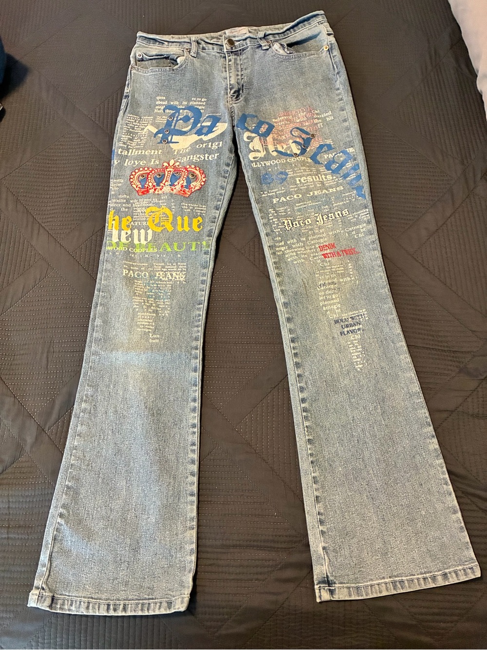 Graphic Light Blue Flare Jeans with Multicolor Prints